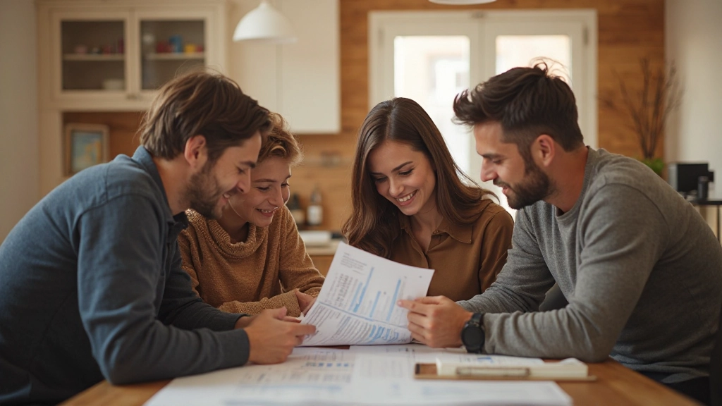 Семья планирует совместный бюджет за столом с документами и калькулятором