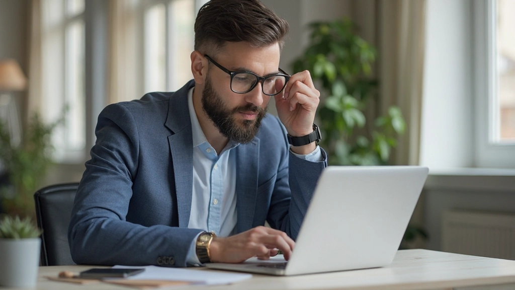 Казахский мужчина изучает рейтинги финансовых приложений на ноутбуке в домашнем офисе