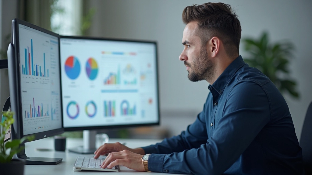 Аналитик просматривает диаграммы бюджета на экране компьютера