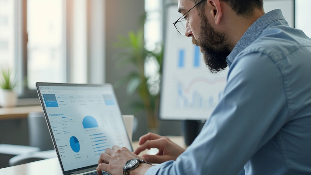 Человек анализирует финансовые данные на ноутбуке с графиками и диаграммами распределения расходов