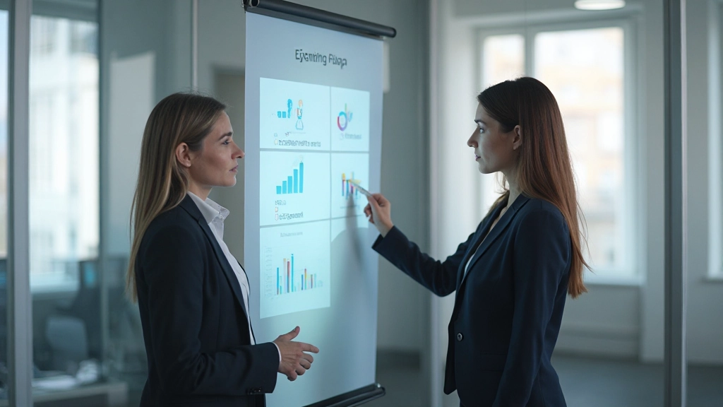 Две женщины казахской национальности обсуждают финансовый план на сенсорной доске в переговорной комнате современного офисного центра