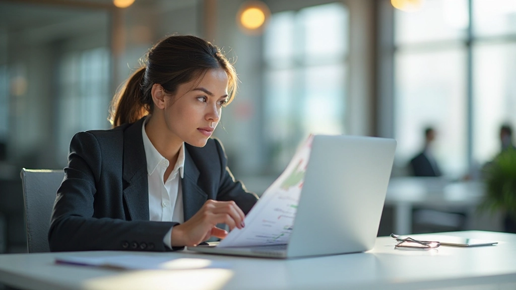 Профессиональное рабочее место с ноутбуком и финансовыми документами