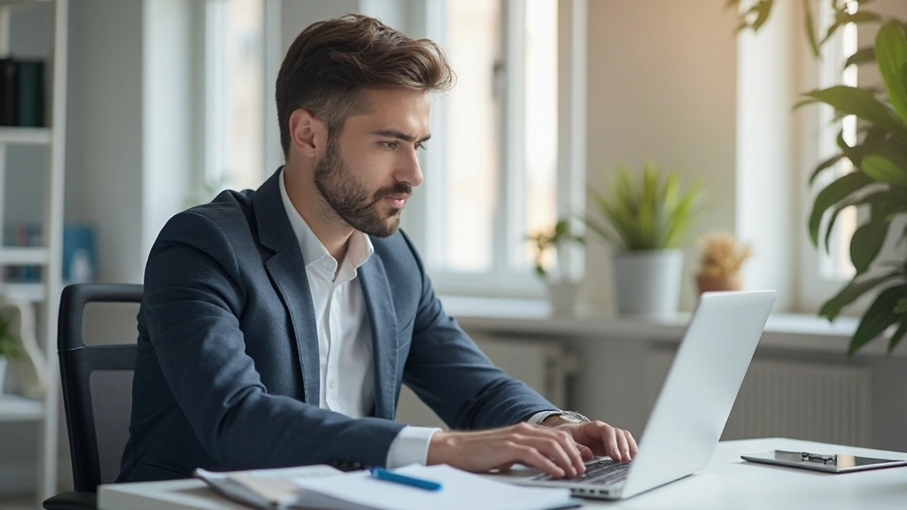 Молодая женщина казахской национальности в деловой одежде анализирует финансовые данные на ноутбуке в современном офисе с естественным освещением